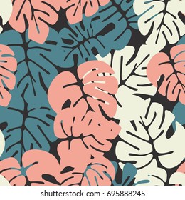 Summer seamless tropical pattern with colorful monstera palm leaves on dark background, vector illustration