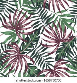 Summer seamless tropical pattern with leaves and plants on white background. Floral tropical pattern with leaves, jungle leaf. Exotic wallpaper, Hawaiian style. Vector background for various surface.