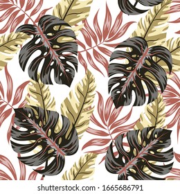 Summer seamless tropical pattern with leaves and plants on white background. Floral tropical pattern with leaves, jungle leaf. Exotic wallpaper, Hawaiian style. Vector background for various surface.
