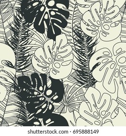 Summer seamless tropical pattern with monstera palm leaves and plants on vanilla background, vector illustration