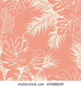 Summer seamless tropical pattern with monstera palm leaves and plants on pink background, vector illustration