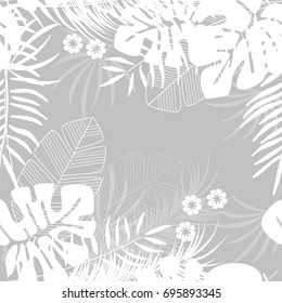 Summer seamless tropical pattern with monstera palm leaves and plants on gray background, vector illustration