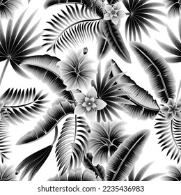 Summer seamless tropical pattern with nature leaves and flowers plants foliage on a white background. Modern abstract design for fabric, paper, interior decor. Summer hawaiian. monochromatic design
