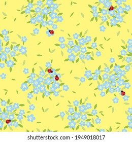Summer seamless vector flat pattern of meadow flowers.Blue flowers, insects on a bright yellow isolated background.The pattern is suitable for fabric, gift paper, decorative background.
