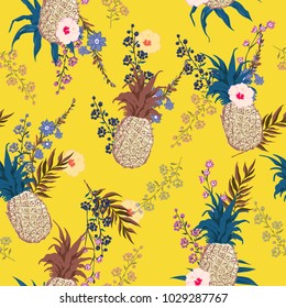Summer seamless vector floral print pattern in trendy colorful style, exotic tropical plants and palm leaves fruit pineapple on yellow background.