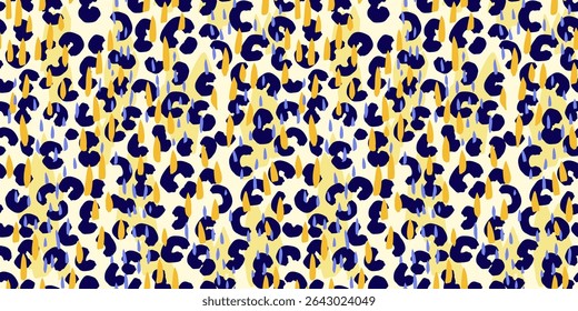 Summer seamless vector pattern with abstract leopard spots and colorful raindrop shapes in navy, blue and yellow. Bold and playful design for fashion and modern textile prints