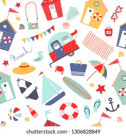 Summer Seamless Vector Pattern With Beach Accessories, Beach Huts And Camper Trailer. Summer Vacation. Can Be Used For Wallpaper, Pattern Fills, Web Page Background, Wallpaper, Prints, Scrapbook.