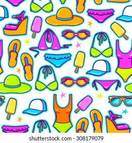 Summer seamless vector pattern. Summer clothes vector. Bright summer vector style doodle.