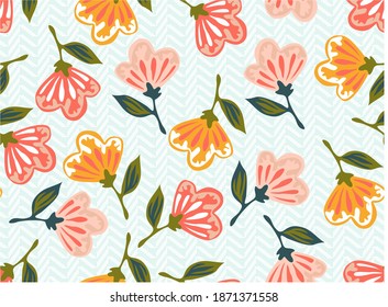 
Summer seamless vector pattern with fairy flowers, digital drawing.