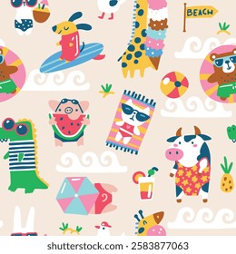 Summer Seamless vector pattern featuring funny animals wearing quirky swimwear, relaxing on the beach. Playful, childlike hand-drawn illustration in a simple modern cartoon style