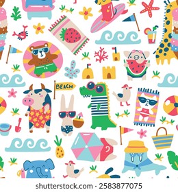 Summer Seamless vector pattern featuring funny animals wearing quirky swimwear, relaxing on the beach. Playful, childlike hand-drawn illustration in a simple modern cartoon style