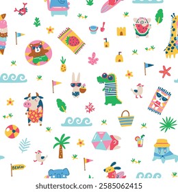 Summer Seamless vector pattern featuring funny animals wearing quirky swimwear, relaxing on the beach. Playful, childlike hand-drawn illustration in a simple modern cartoon style