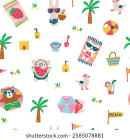 Summer Seamless vector pattern featuring funny animals wearing quirky swimwear, relaxing on the beach. Playful, childlike hand-drawn illustration in a simple modern cartoon style