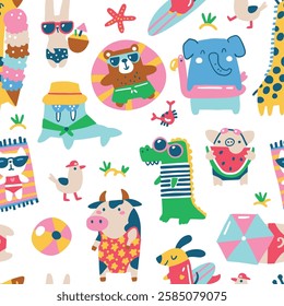 Summer Seamless vector pattern featuring funny animals wearing quirky swimwear, relaxing on the beach. Playful, childlike hand-drawn illustration in a simple modern cartoon style