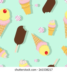 Summer Seamless Vector Pattern, Flat Design with Illustrated Ice Creams