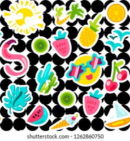 Summer seamless vector pattern. Fruits, sun, berries. Vacation background with hand drawn stickers