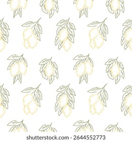 Summer seamless vector pattern with hand drawn lemons and green leaves in rustic ink style for fabric, kitchen textiles, packaging, wrapping paper, wallpaper.
