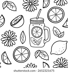 Verão padrão vetor sem emenda com limão, hortelã, limonada Mason jar e Daisy Flower. Desenhado à mão preto e branco Doodle ilustração. Para papel, menu, impressões de tecido.