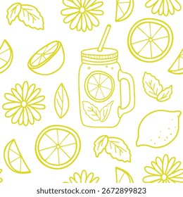 Verão padrão vetor sem emenda com limão, hortelã, limonada Mason jar e Daisy Flower. Ilustração desenhada à mão Doodle em cores amarelas. Para papel, menu, impressões de tecido.