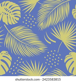Summer seamless vector pattern with silhouettes of exotic leaves. Trendy color-block background for textiles, prints, wallpapers.