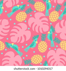 Summer seamless vector pattern in tropical parrots and pineapples
