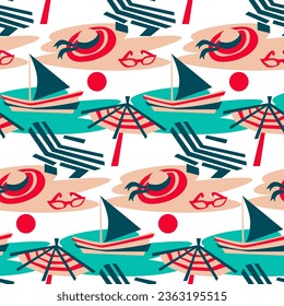 Patrón vectorial sin costuras de verano. Colores antiguos, vistas a la playa de la Riviera. Tumbonas, playa, sombrillas, vela, sombrero, gafas de fondo blanco. La textura con el tema de relajarse en la playa