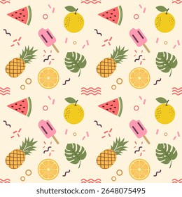 Summer Seamless Vector Patterns. Colorful Repeating Designs Featuring Tropical Vibes, Beach Icons, Juicy Fruits, Flowers, and Sunshine – Perfect for Creative Projects, Digital Prints, and Craft