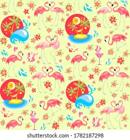 Summer seamless wallpaper with pink flamingo birds, Plumeria flowers, hearts, ocean waves, palm trees with hammock, wineglass with cocktail for fashion tropical print and wrapping paper. Flat design