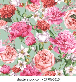 Summer Seamless  Watercolor Pattern with Pink Peonies and Roses on a Turquoise Background