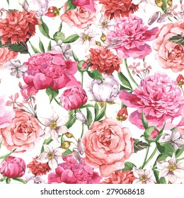 Summer Seamless  Watercolor Pattern with Pink Peonies and Roses on a White Background, Vector Illustration on a White Background