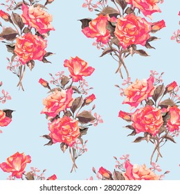 Summer Seamless Watercolor Pattern with Red Roses, Vector Illustration