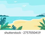 Summer seascape. Background. Beach, exotic plants.