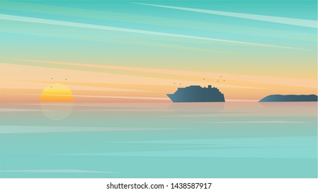 Summer seascape background. Cruise ship sailing at dawn in the ocean.