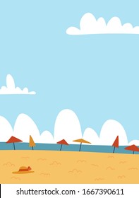 Summer Seascape background. Sand Beach with many umbrellas and white clouds. Vector flat cartoon Illustration with copy space for text