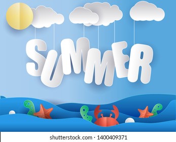 Summer seascape banner paper cut out. Sea, beach and sea inhabitants. Colored background