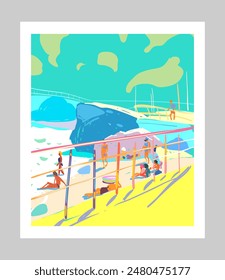 Summer seascape. Beach poster. Hand drawn vector art illustration. Poster minimalism cartoon creative style 