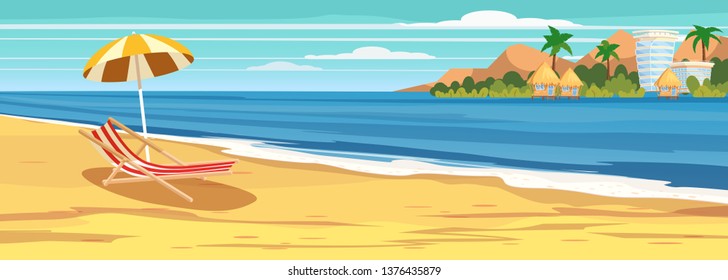 Summer seascape, beach, summer vacation, chaise lounge umbrella on the sea, palms. Holiday season vacation at sea. Travel leisure background. Template banner ad vector illustration