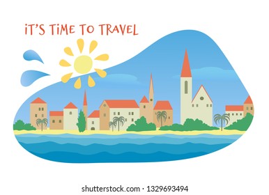 Summer seascape design in the blob shape with lettering on white background. An old European town with red roofs, palm trees, sunny beach  Vector colorful illustration in flat style