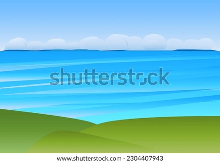Summer seascape with green fields and clouds on the sky