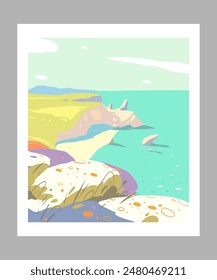 Paisaje marino de verano. Ilustración de Arte vectorial dibujado a mano. Póster minimalismo caricatura estilo creativo 