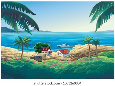 Summer seascape with a hotel on the coast, and a yacht at the pier. Vector illustration.