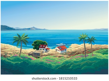Summer seascape with a house and a beach on the sea beach.