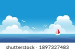 Summer seascape illustration with cumulonimbus clouds and a yacht