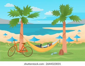 Summer seascape with a man in a hammock under palm trees, working on a laptop near a bike. Peaceful tropical beach scene for vacation, leisure, travel, or digital nomad themes. Flat vector.