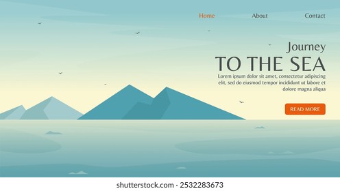 Summer seascape Mediterranean landscape banner. Travel agency illustration in vintage style