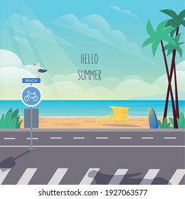 Summer seascape, ocean view. Promenade with palm trees, waterside road, pedestrian crossing, bike sign and seagull. In the background there is a beach and a lifeguard booth. Vector stock illustration