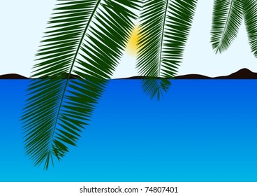 Summer seascape. Palm branches on a background of sea and sky