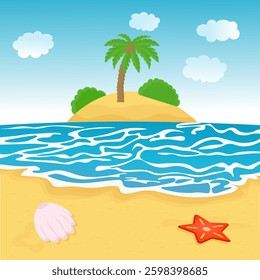 Summer seascape, palm tree on an island in the sea