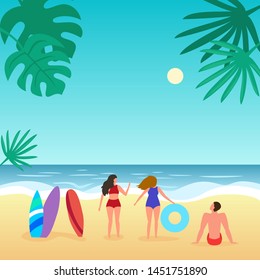 Summer seascape with palm tree and people. Vector illustration.