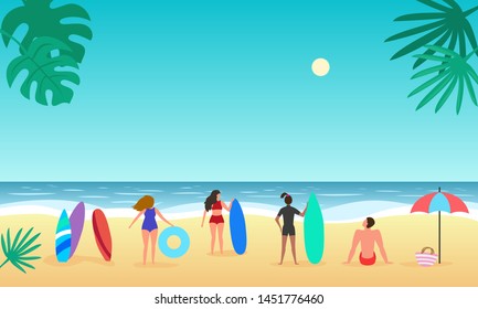 Summer seascape with palm tree and people. Vector illustration.